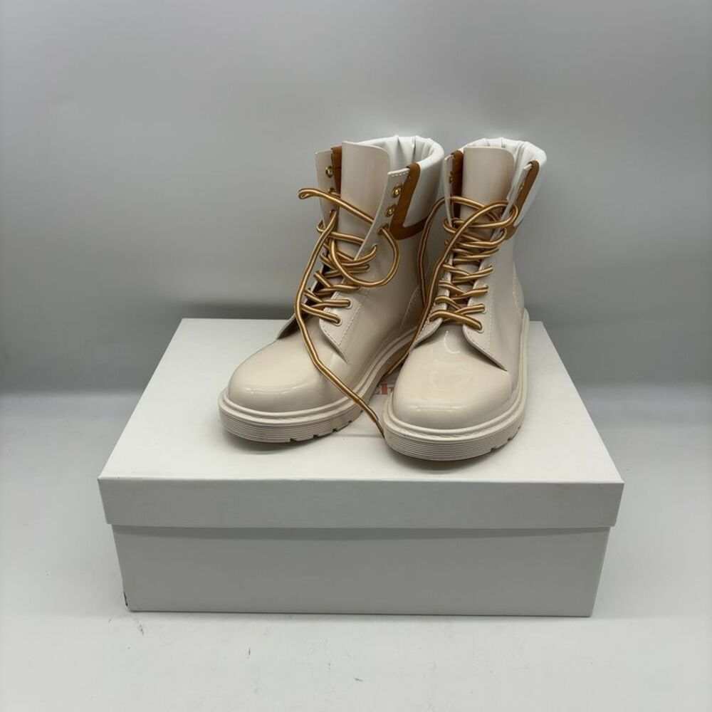 See By Chloe Cream Patent Lace-Up Ankle Boots with Tan Trim